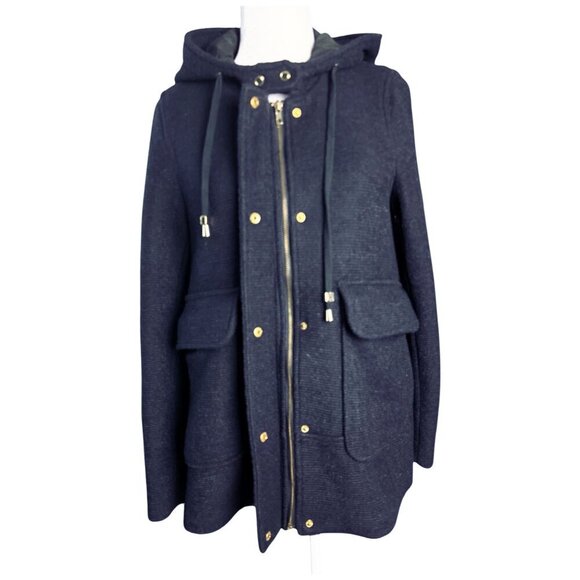 ZARA Hooded Wool Blend Swing Jacket Pea Coat Navy Blue Women's Size SM - Picture 4 of 8